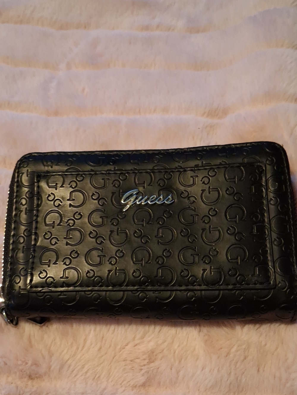 Guess Black Embossed Logo Zip Wallet with Silver Script